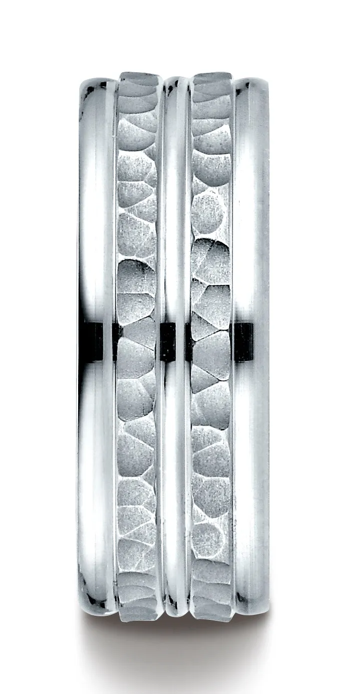 Benchmark Palladium 8mm Comfort-Fit Hammer-Finished High Polished Center Trim and Round Edge Band