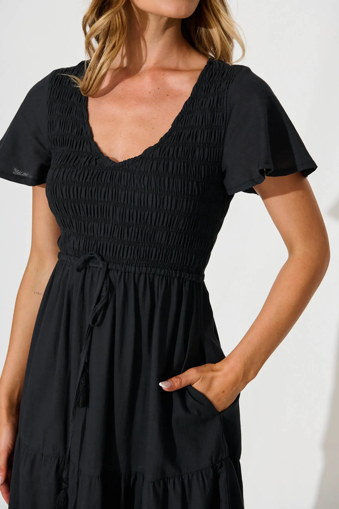 Black Linen Blend Midi Dress by Callie