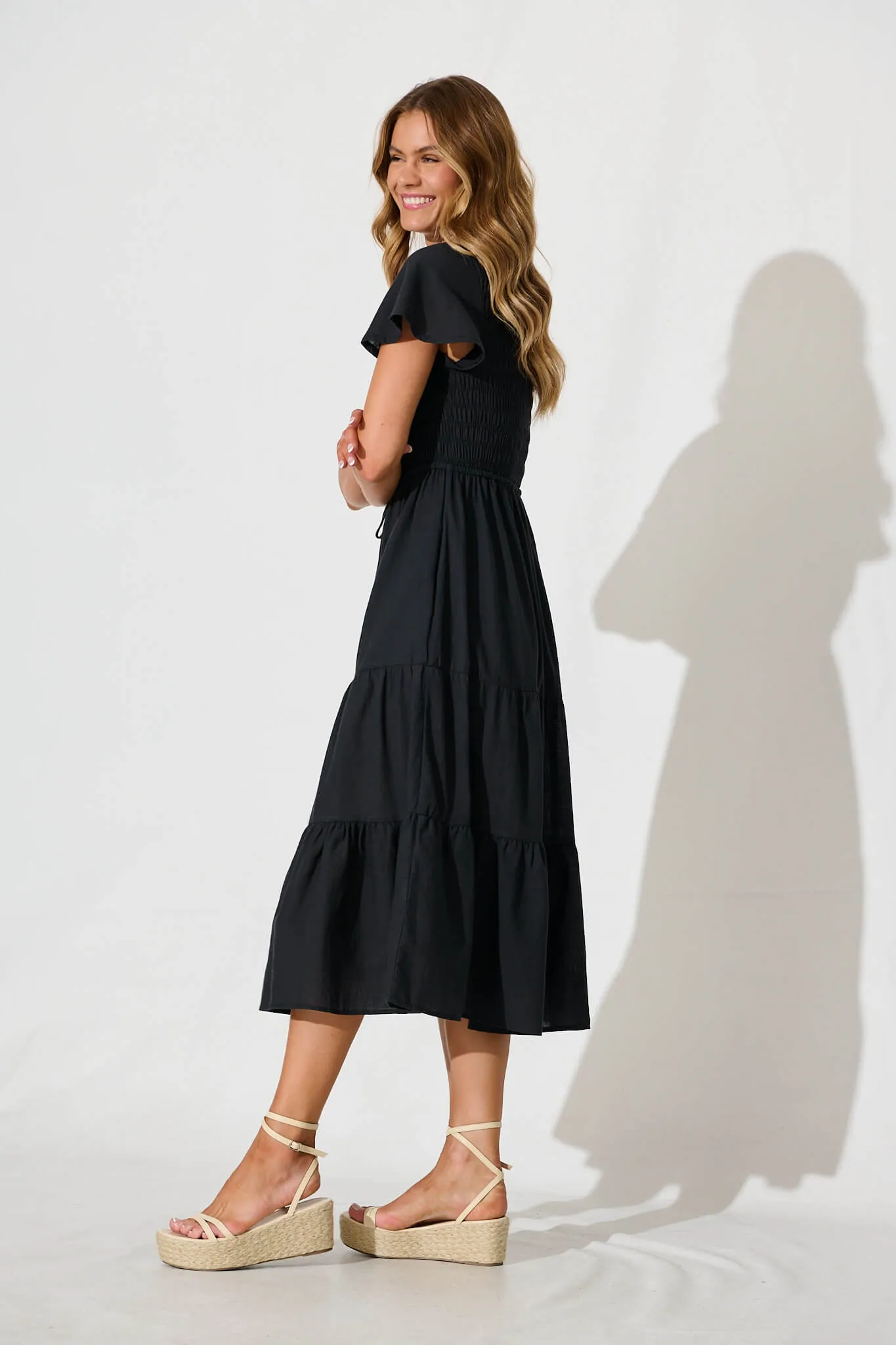 Black Linen Blend Midi Dress by Callie