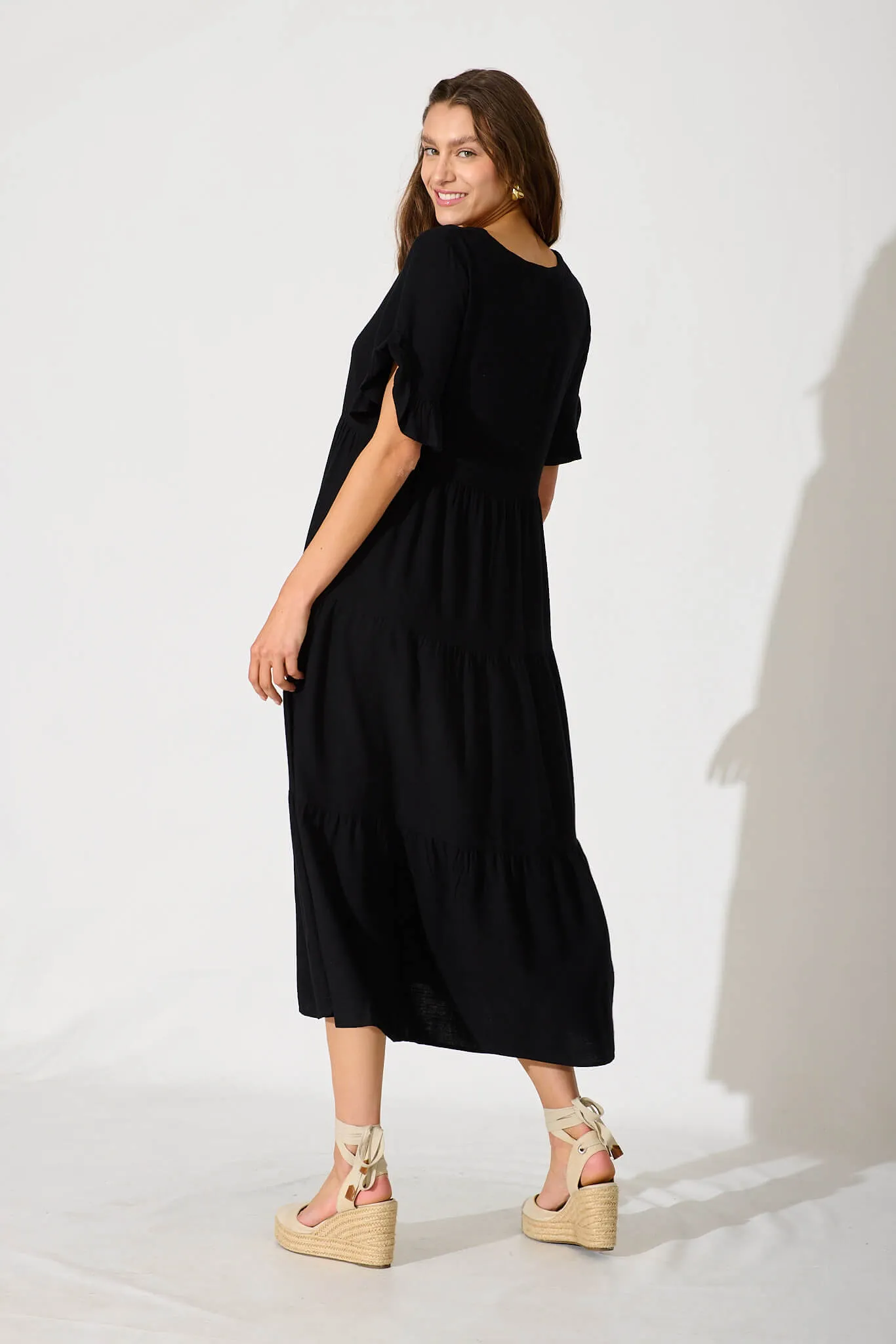 Black Linen Blend Midi Dress
