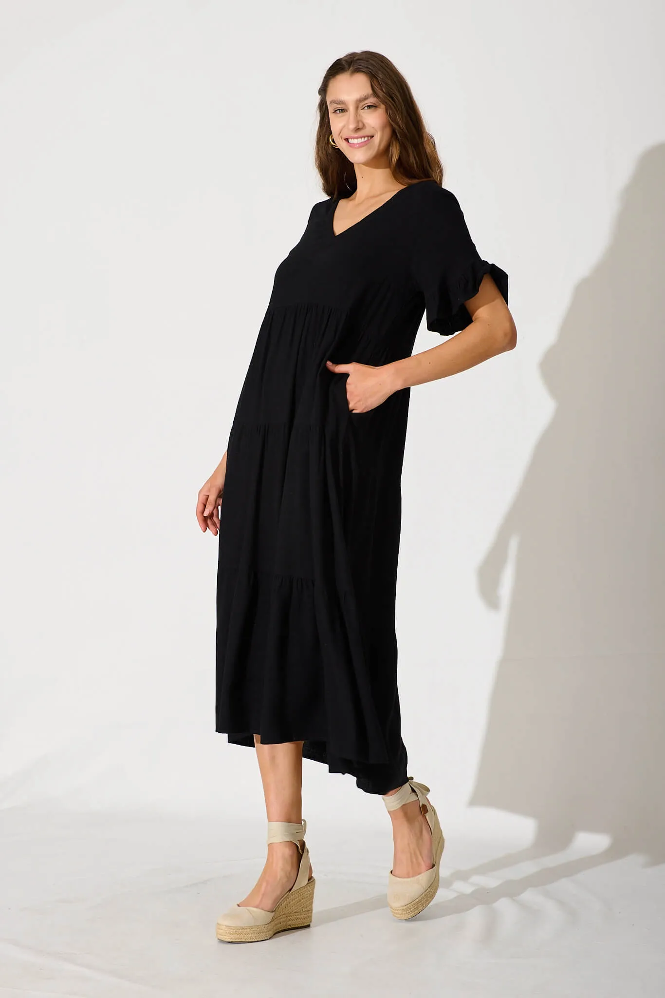 Black Linen Blend Midi Dress