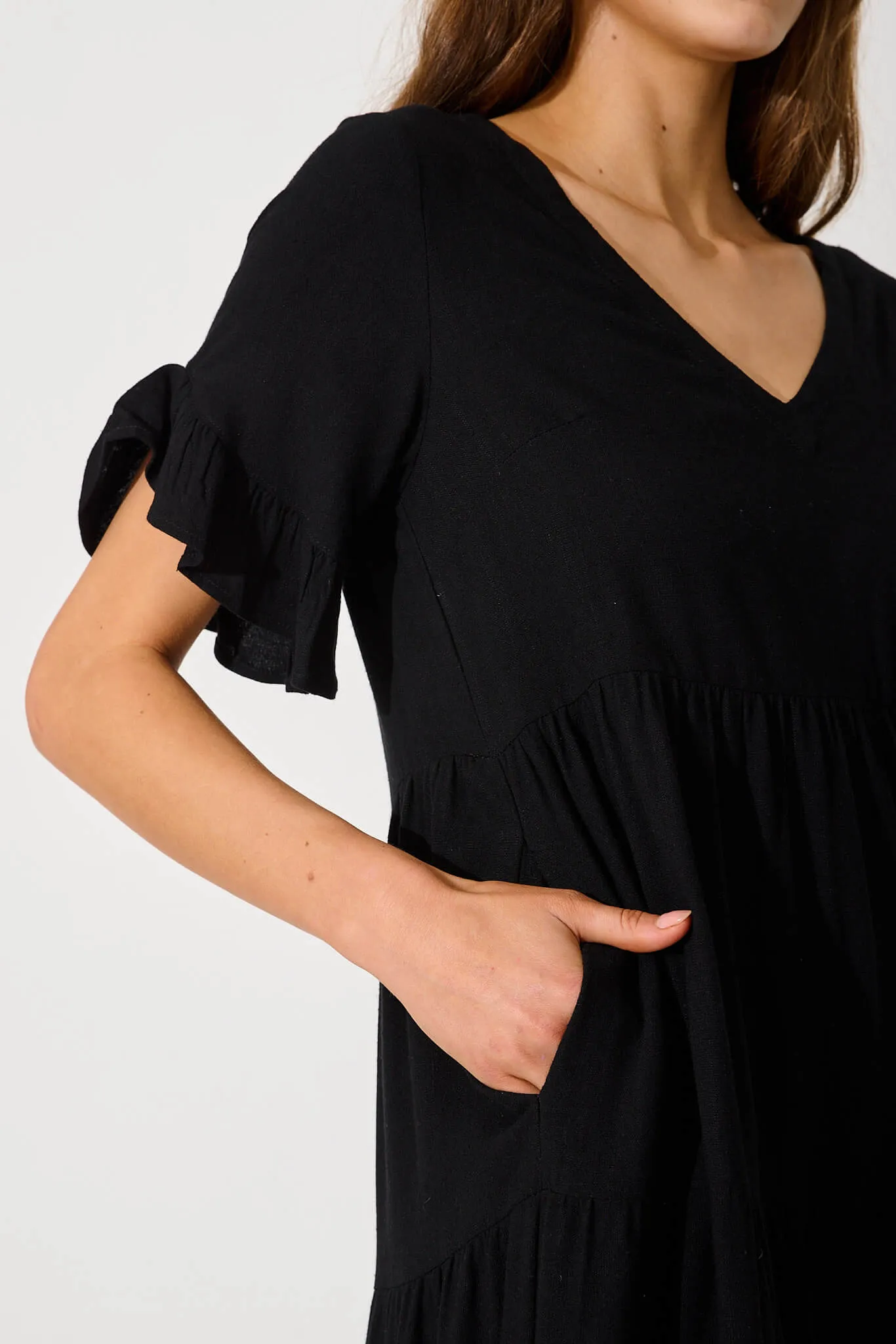Black Linen Blend Midi Dress