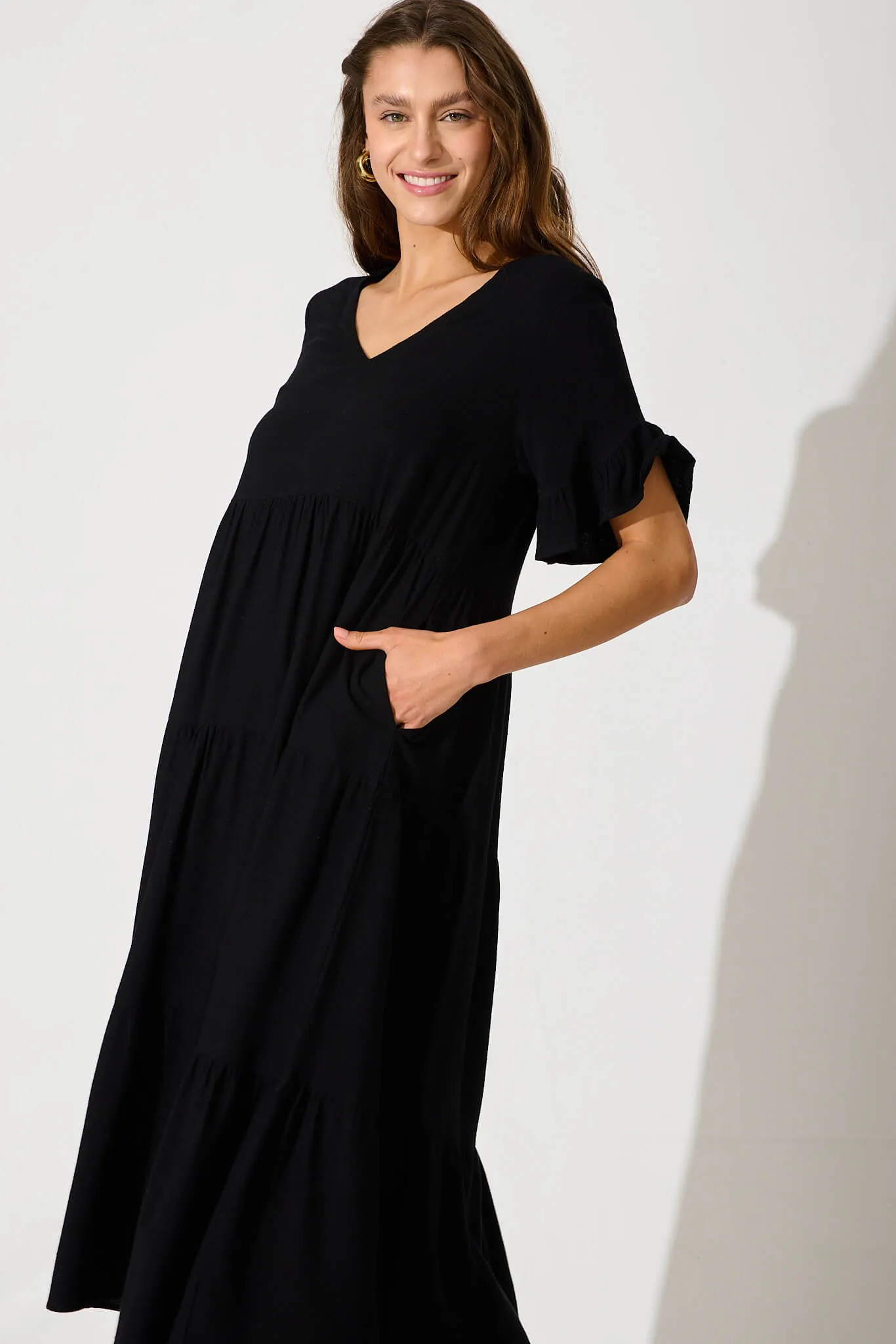 Black Linen Blend Midi Dress
