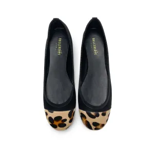 Black suede ballet flats with animal print toe