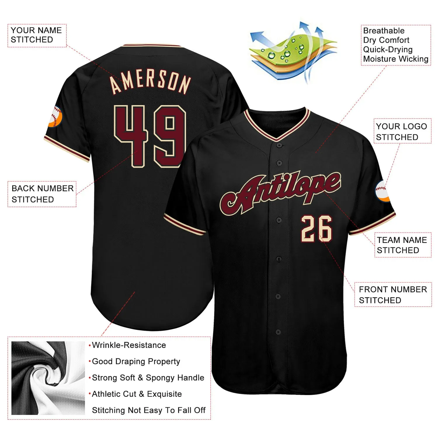 Custom Black Crimson-City Cream Authentic Baseball Jersey