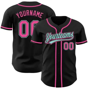 Custom Black Pink-Ice Blue Authentic Baseball Jersey