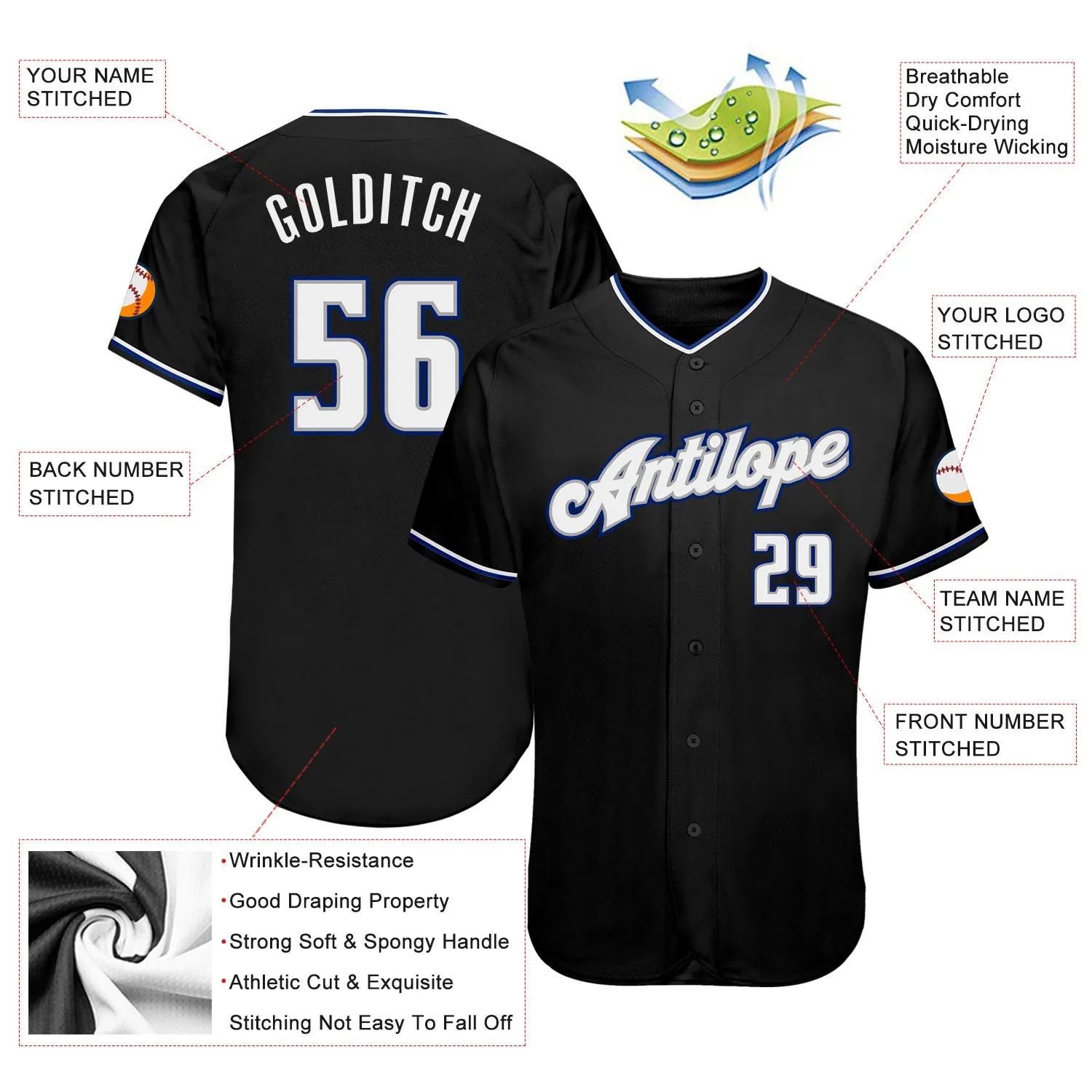 Custom Black White-Royal Authentic Baseball Jersey