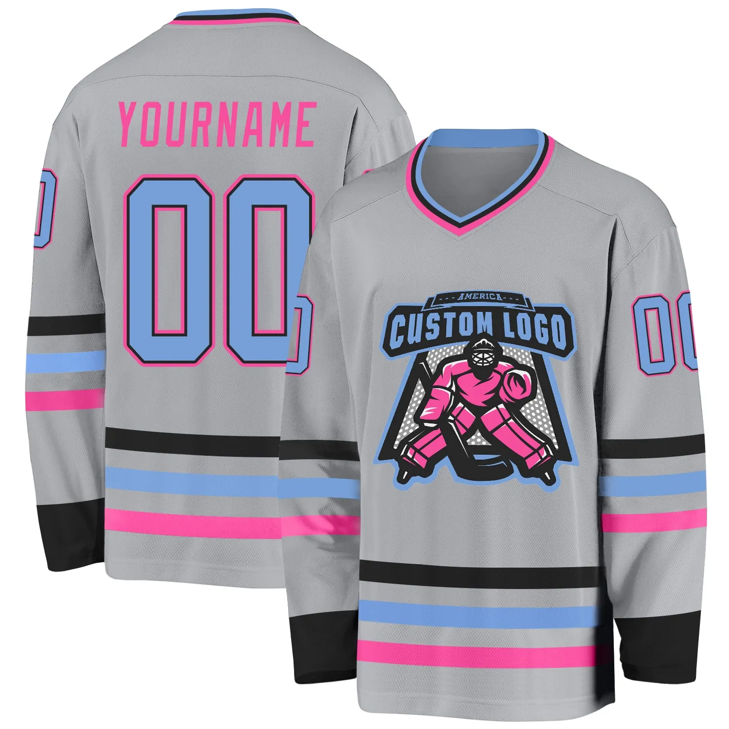 Custom Gray Light Blue Black-Pink Hockey Jersey