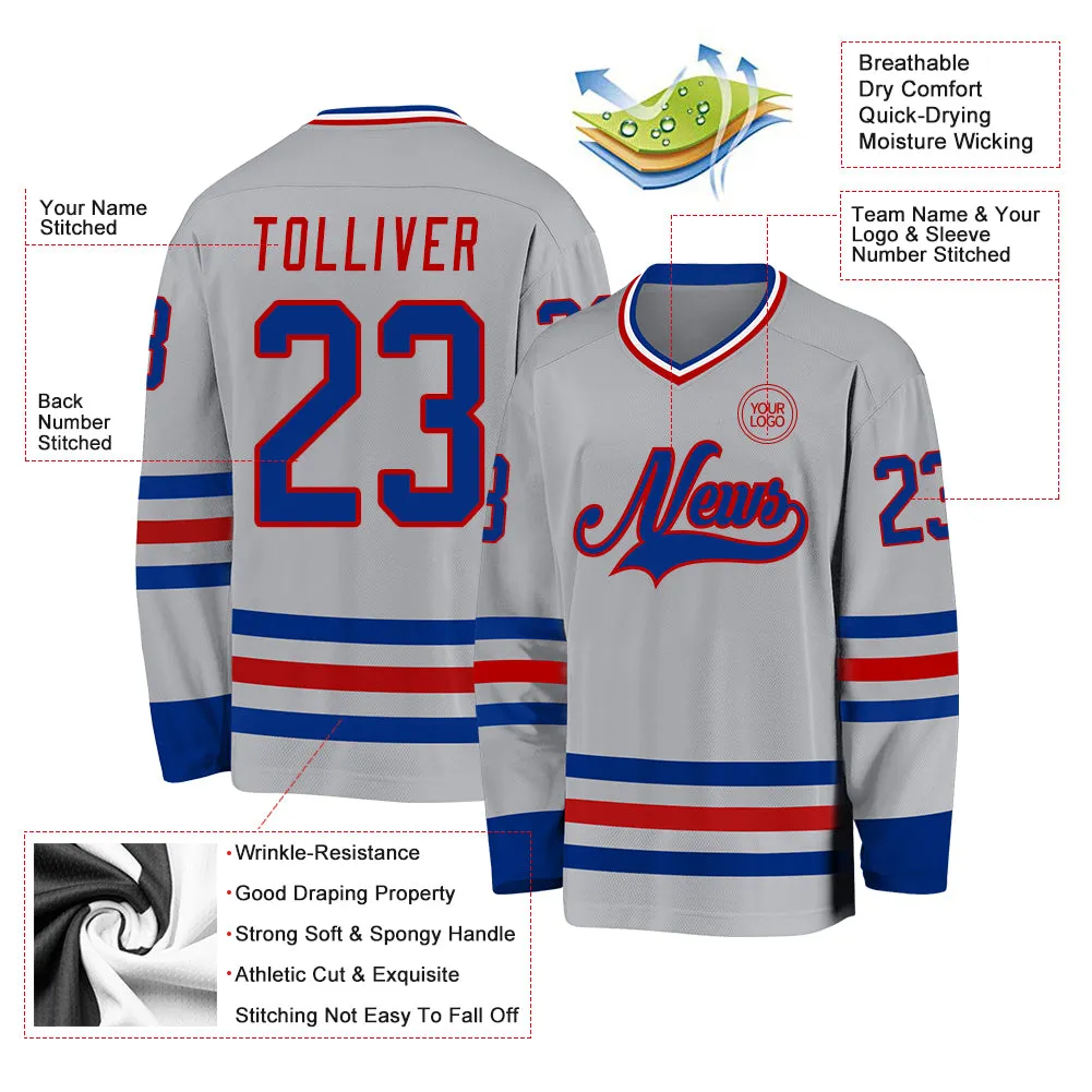 Custom Gray Royal-Red Hockey Jersey
