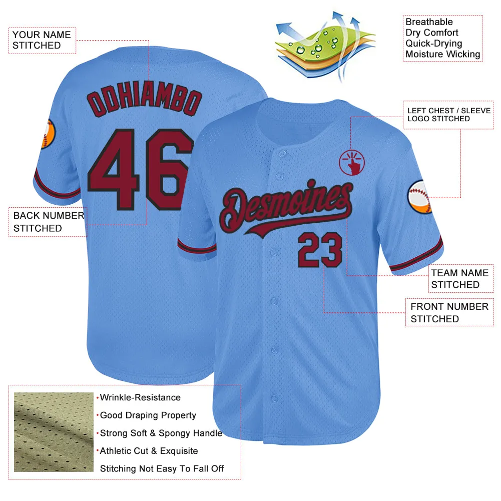 Custom Light Blue Crimson-Black Mesh Authentic Throwback Baseball Jersey