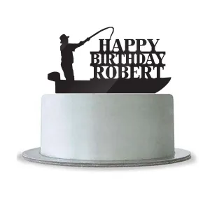 Custom Personalized Happy Birthday with Name Cake Topper Fishing Boat Fisherman