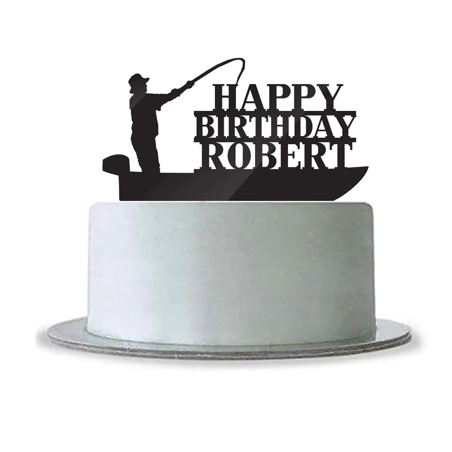 Custom Personalized Happy Birthday with Name Cake Topper Fishing Boat Fisherman