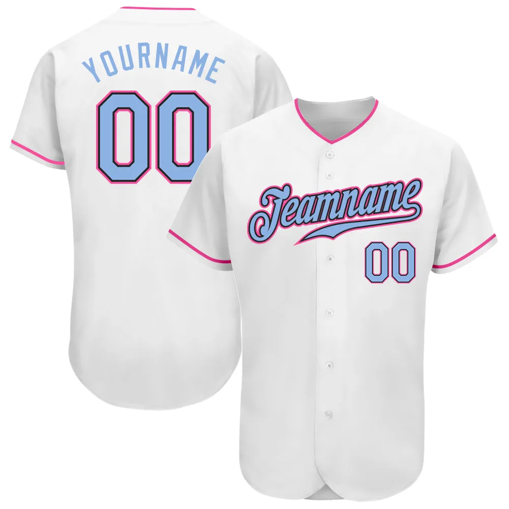 Custom White Light Blue Black-Pink Authentic Baseball Jersey