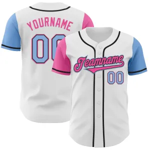 Custom White Light Blue Black-Pink Authentic Two Tone Baseball Jersey