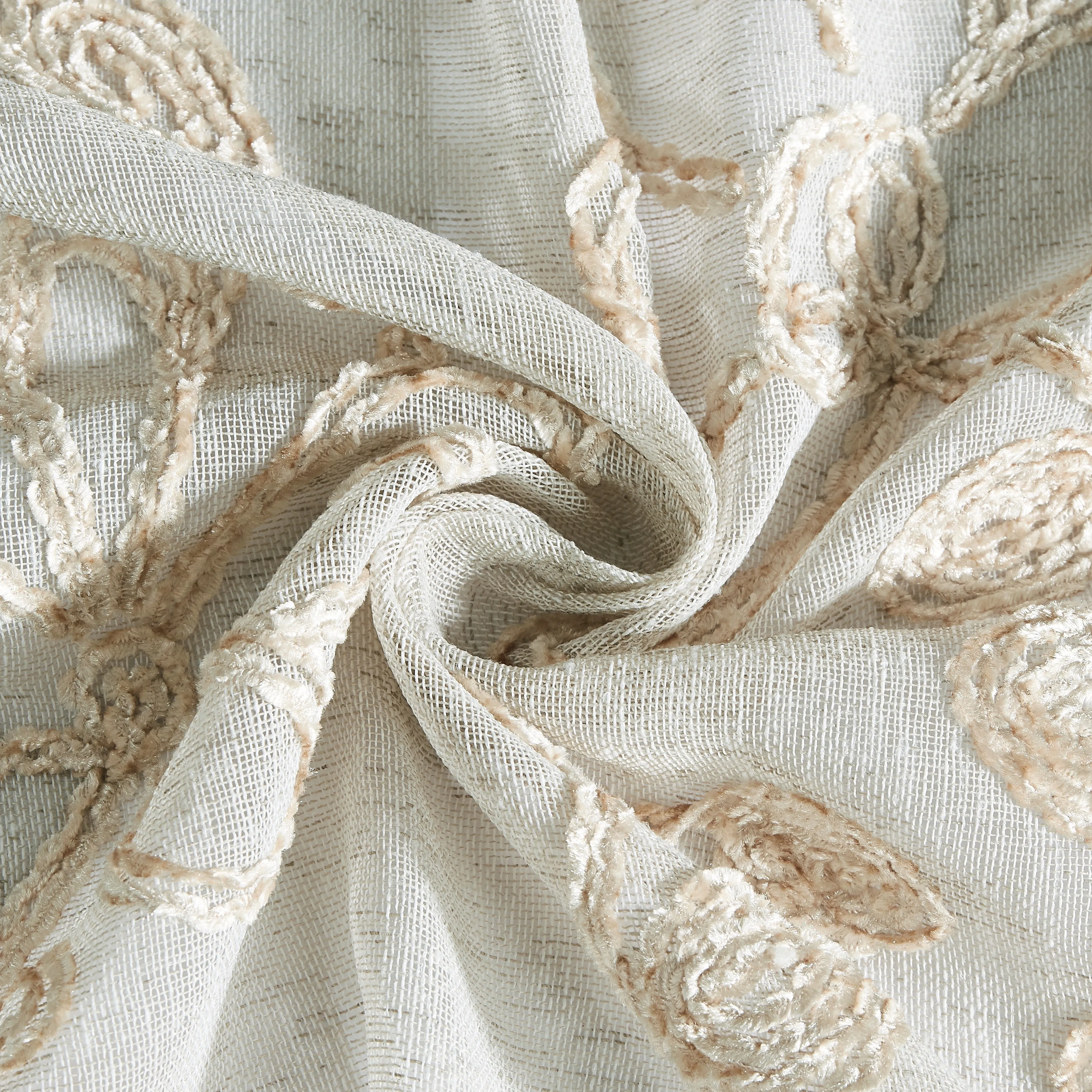 Dainty Home Rita Boho Linen Look Fabric With 3D Floral Chenille Embroidery Kitchen Curtain Set, 1 Valance 52" x 18"  and 2 Tiers 26" x 36" Each