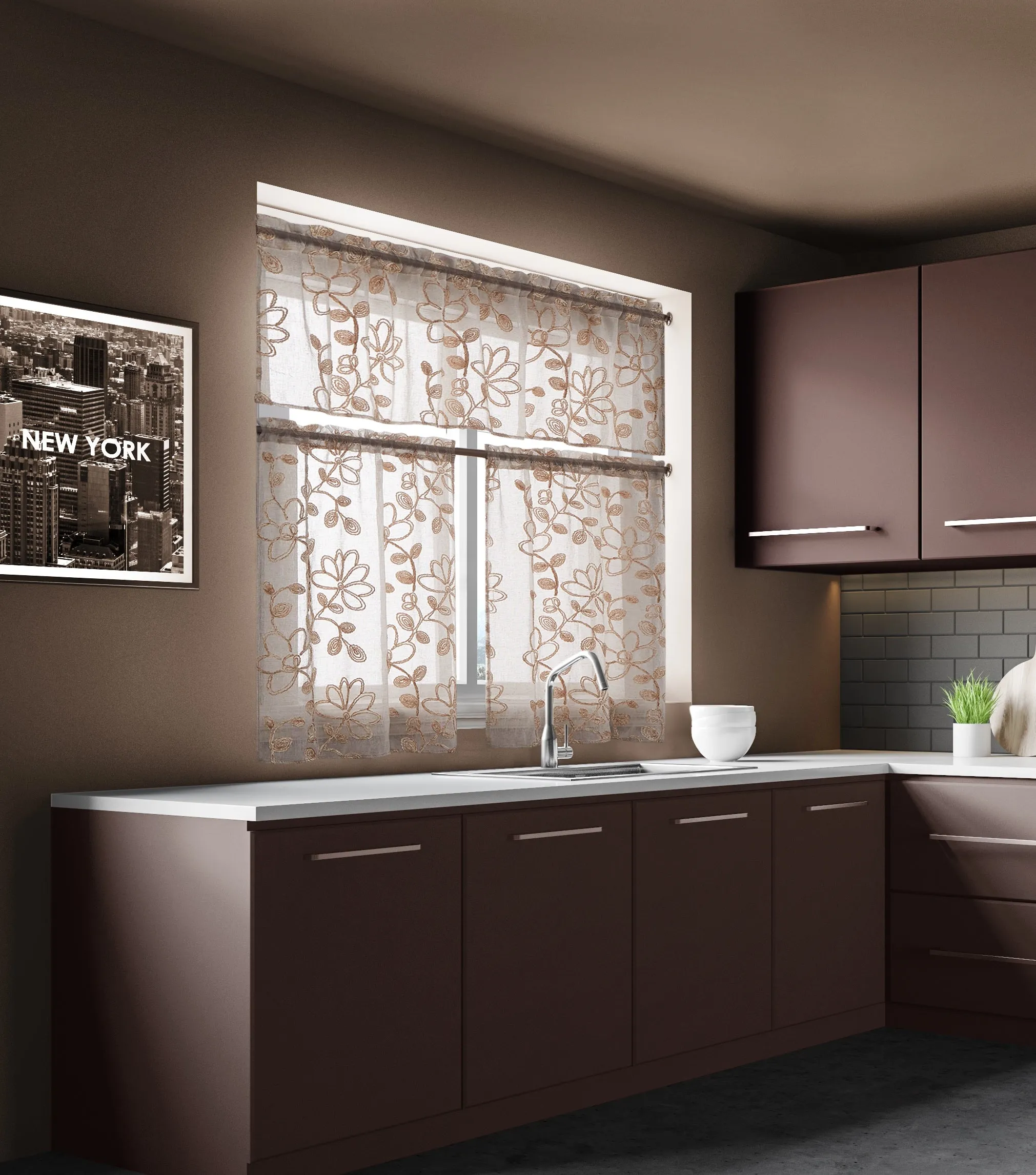 Dainty Home Rita Boho Linen Look Fabric With 3D Floral Chenille Embroidery Kitchen Curtain Set, 1 Valance 52" x 18"  and 2 Tiers 26" x 36" Each