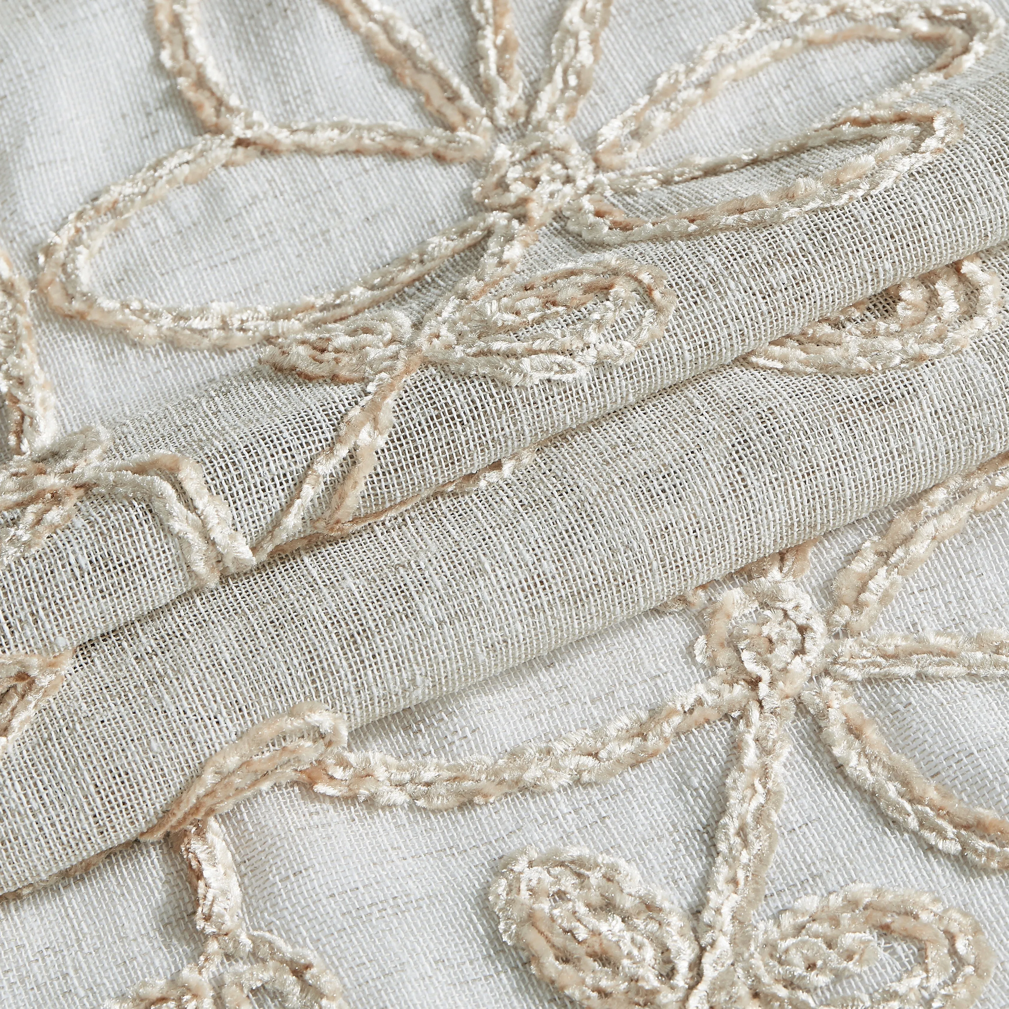 Dainty Home Rita Boho Linen Look Fabric With 3D Floral Chenille Embroidery Kitchen Curtain Set, 1 Valance 52" x 18"  and 2 Tiers 26" x 36" Each