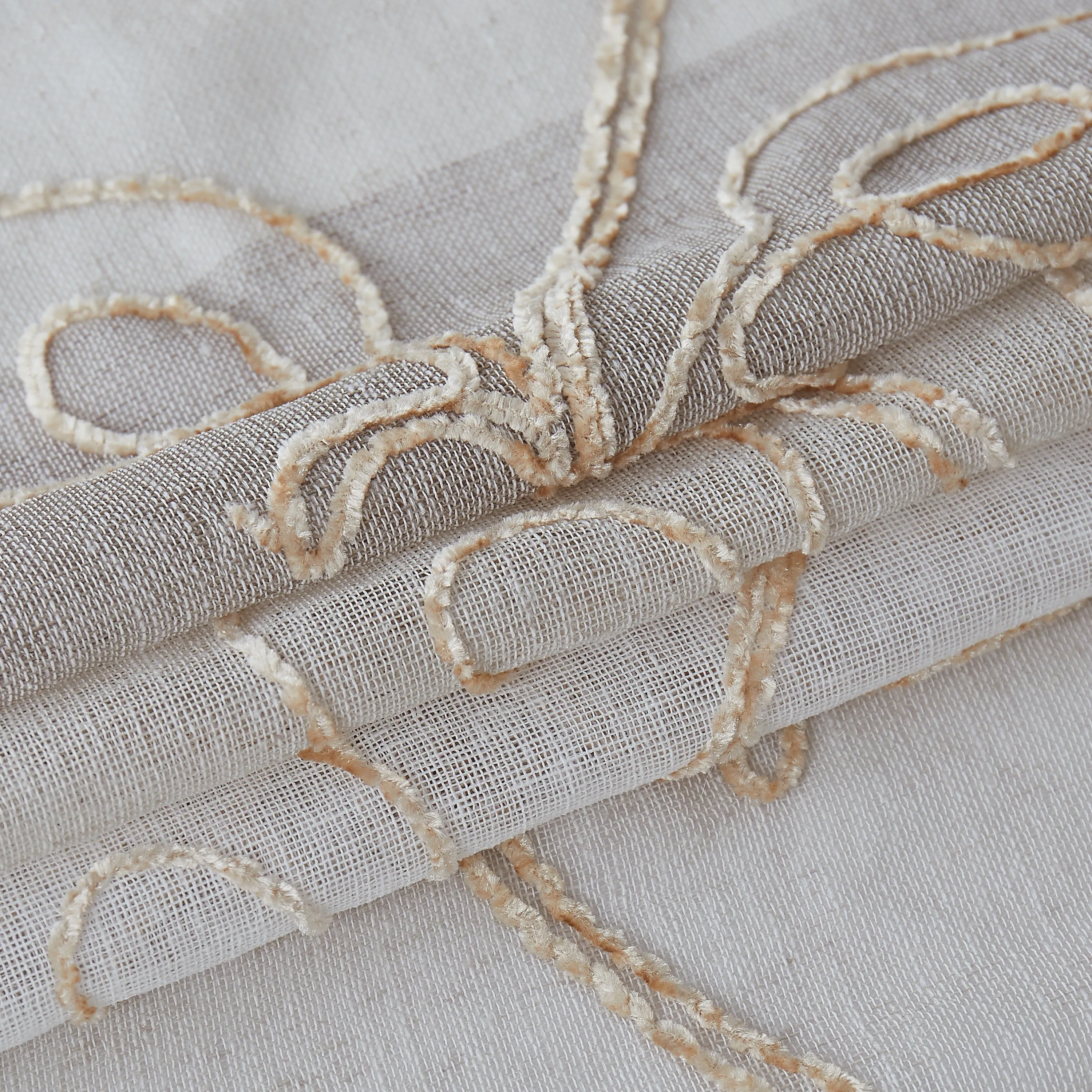 Dainty Home Silvia Boho Linen Look Striped Ombre Fabric With 3D Floral Chenille Embroidery Kitchen Curtain Set, 1 Valance 52 x 18 and 2 Tiers 26 x 36