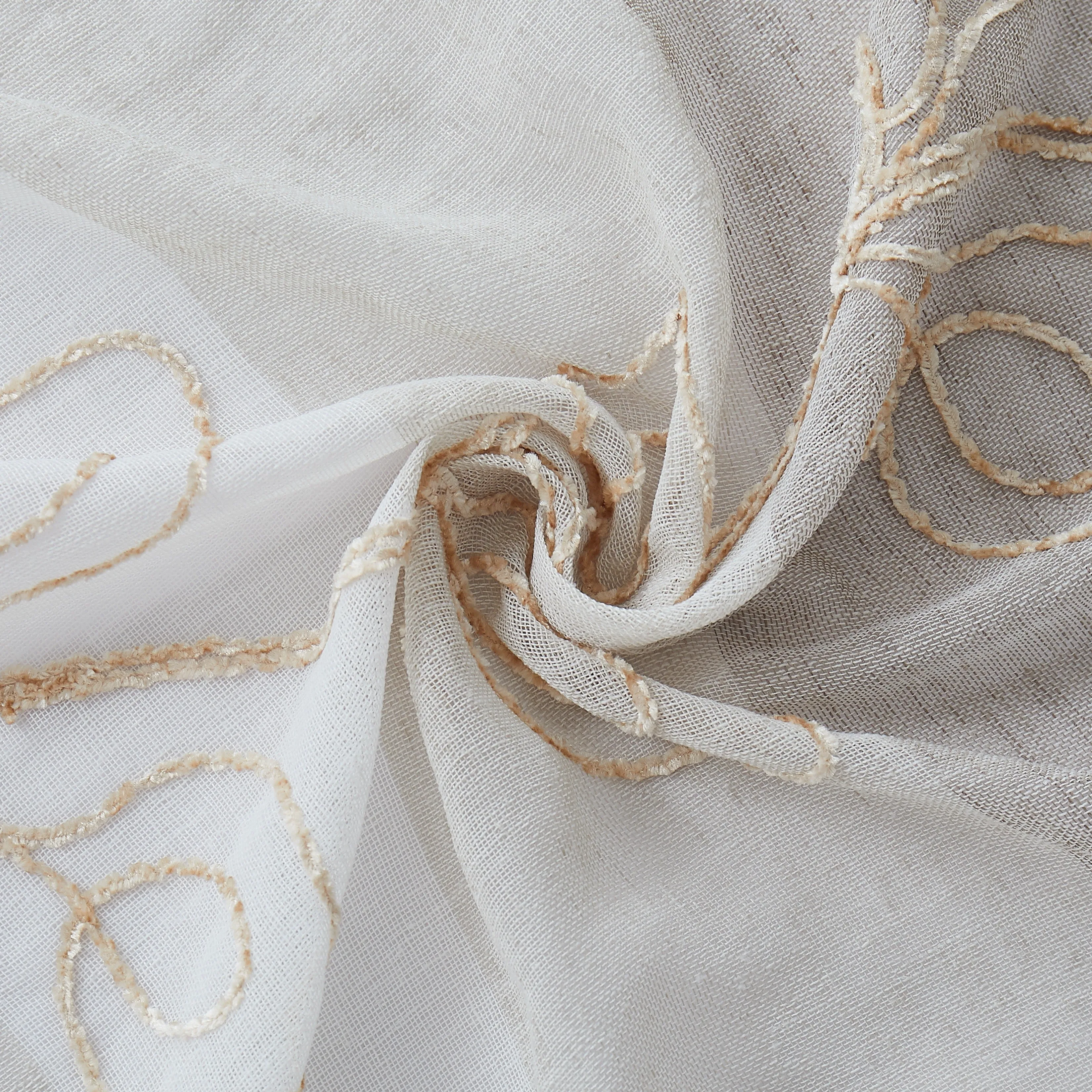 Dainty Home Silvia Boho Linen Look Striped Ombre Fabric With 3D Floral Chenille Embroidery Kitchen Curtain Set, 1 Valance 52 x 18 and 2 Tiers 26 x 36
