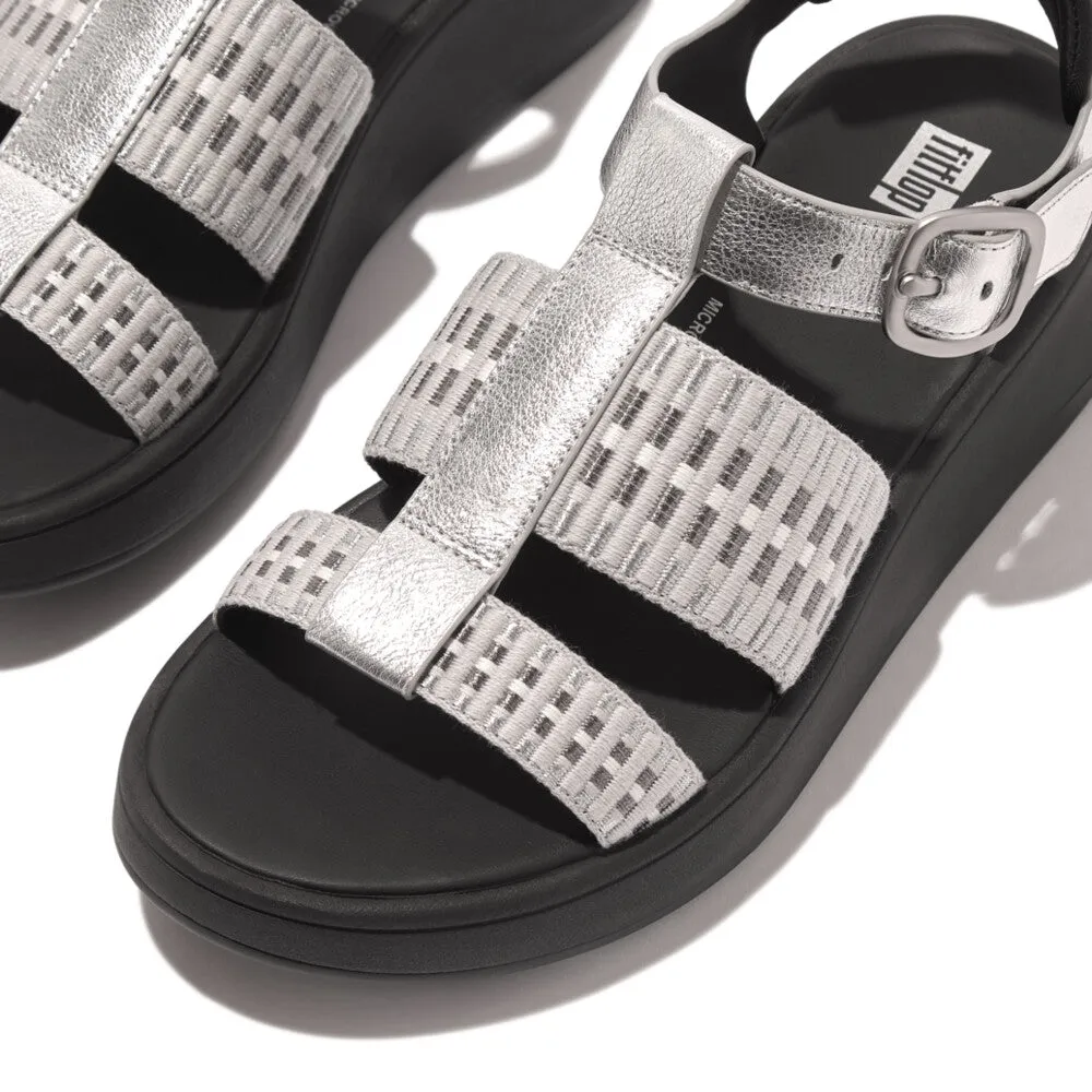 F-MODE Metallic-Leather/Webbing Flatform Fisherman Sandals