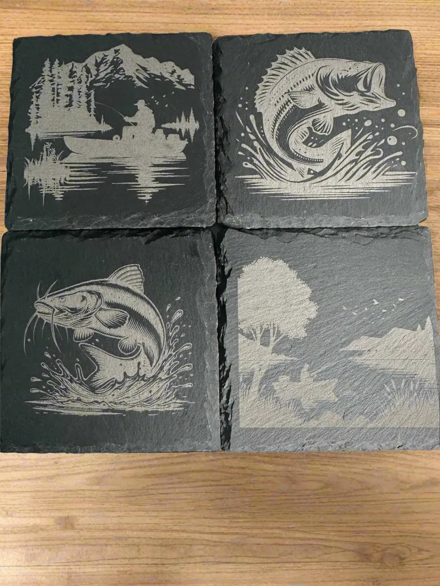 Fish Engraved Slate Coasters Set of 4