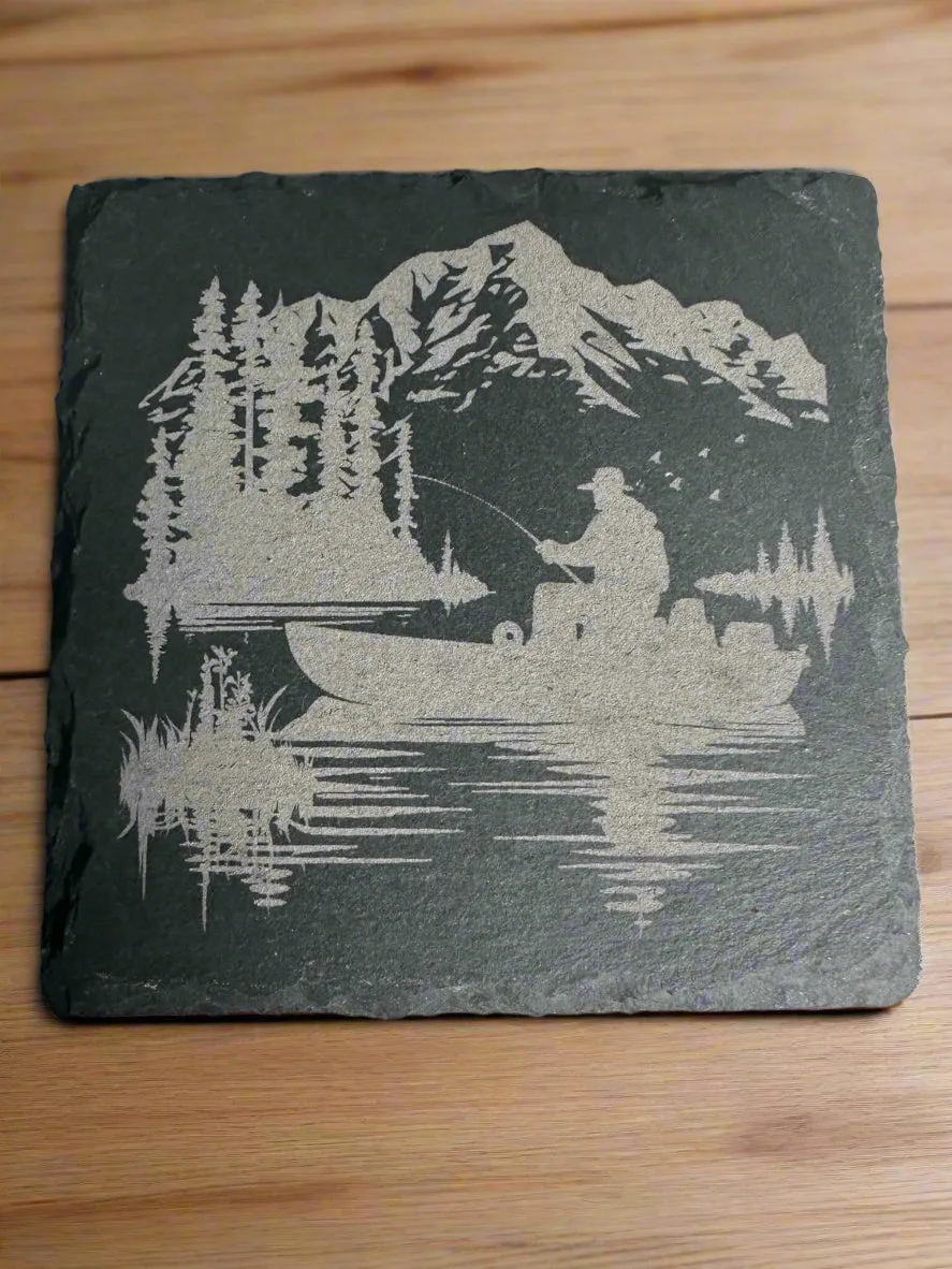 Fish Engraved Slate Coasters Set of 4