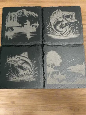 Fish Engraved Slate Coasters Set of 4