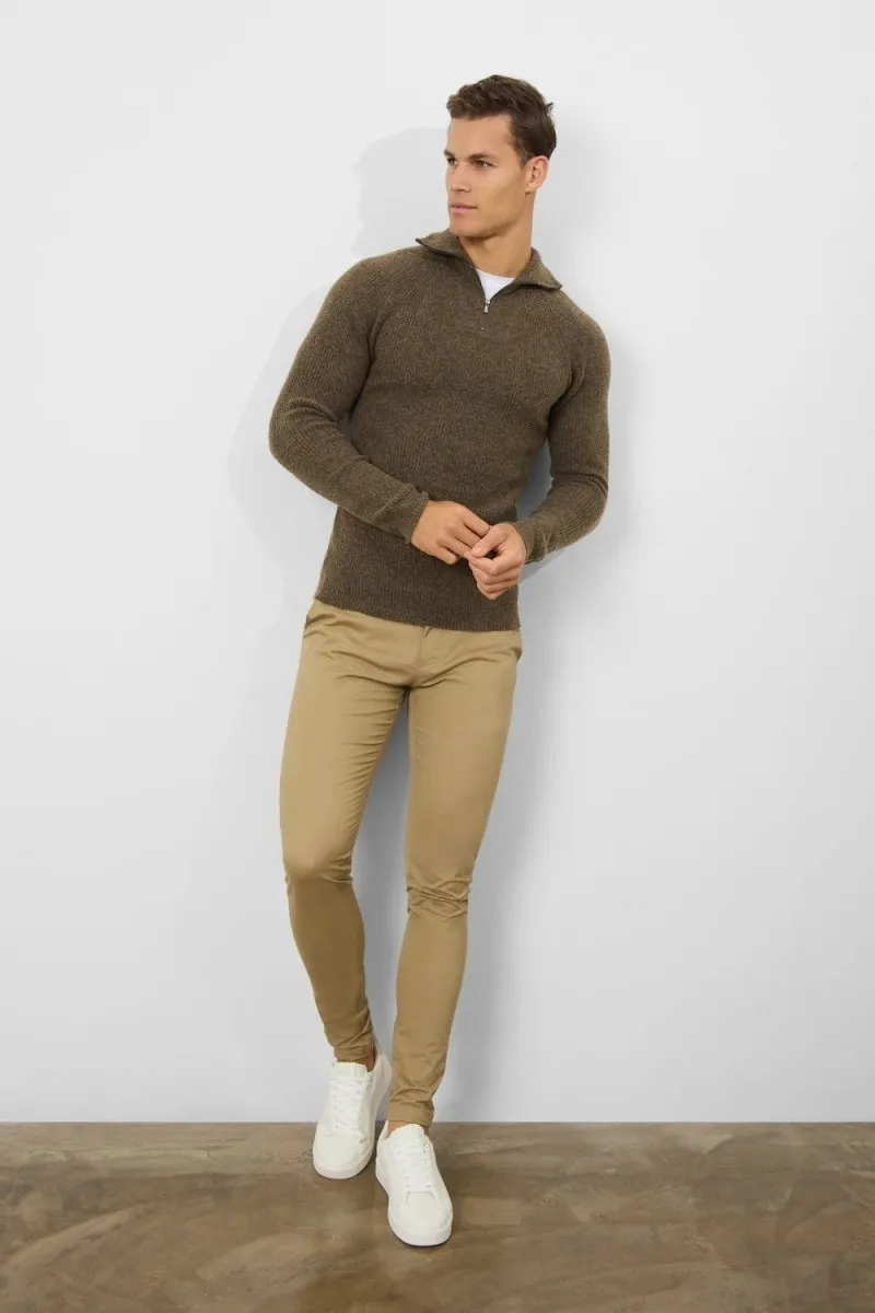 Fisherman Rib Quarter Zip in Soft Brown