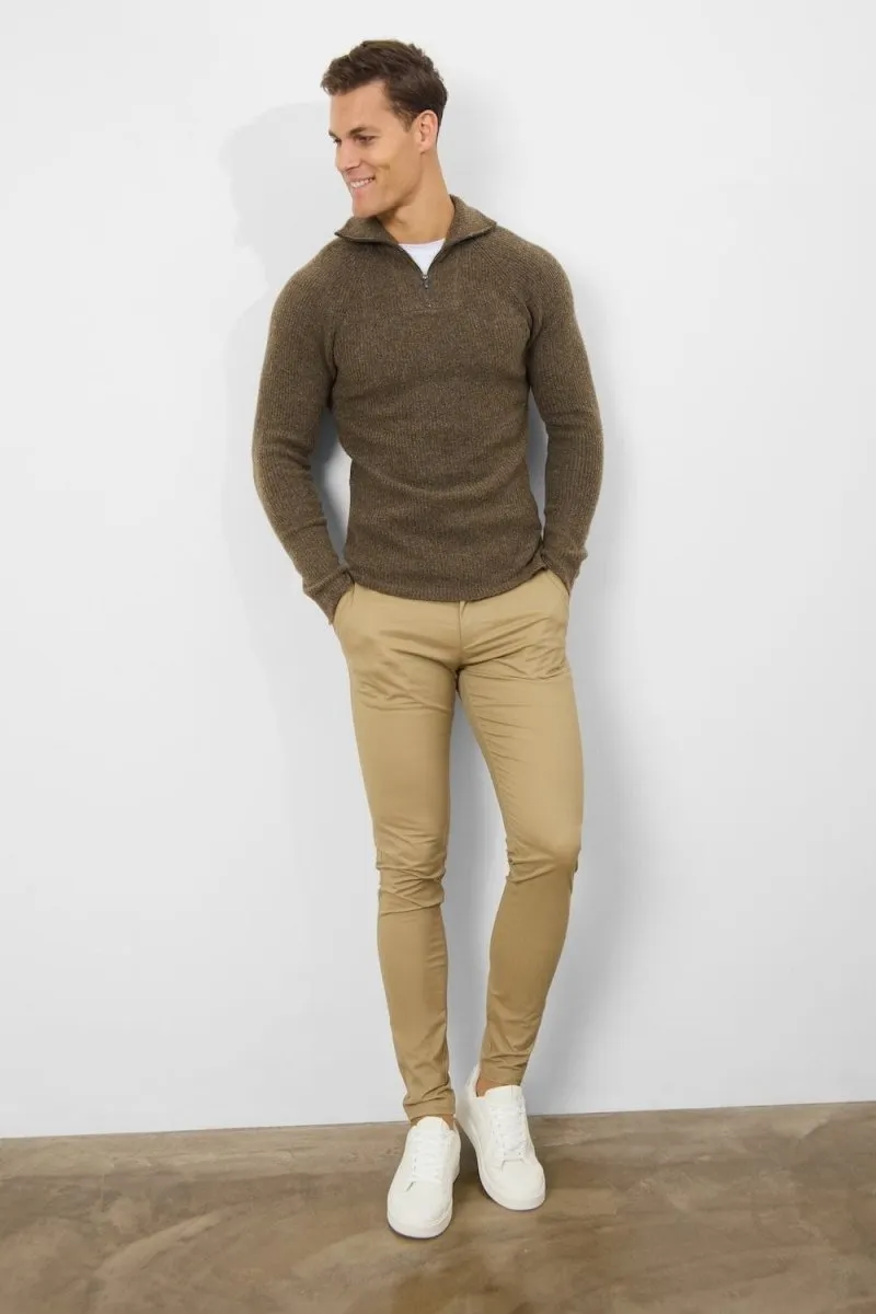 Fisherman Rib Quarter Zip in Soft Brown