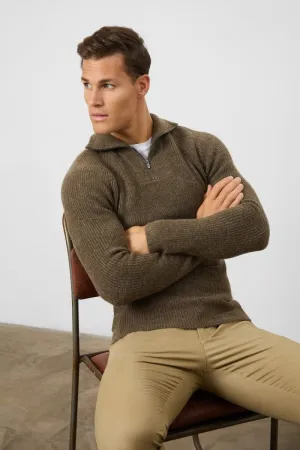 Fisherman Rib Quarter Zip in Soft Brown
