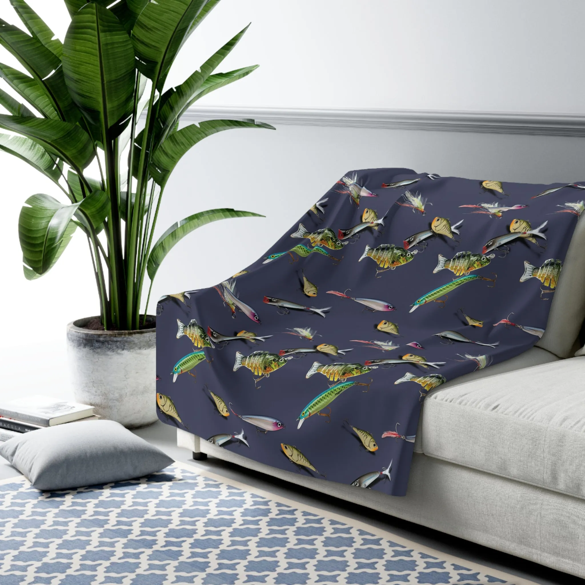 Fishing Lure Fish Print Sherpa Fleece Sofa Blanket - Saiko Studio