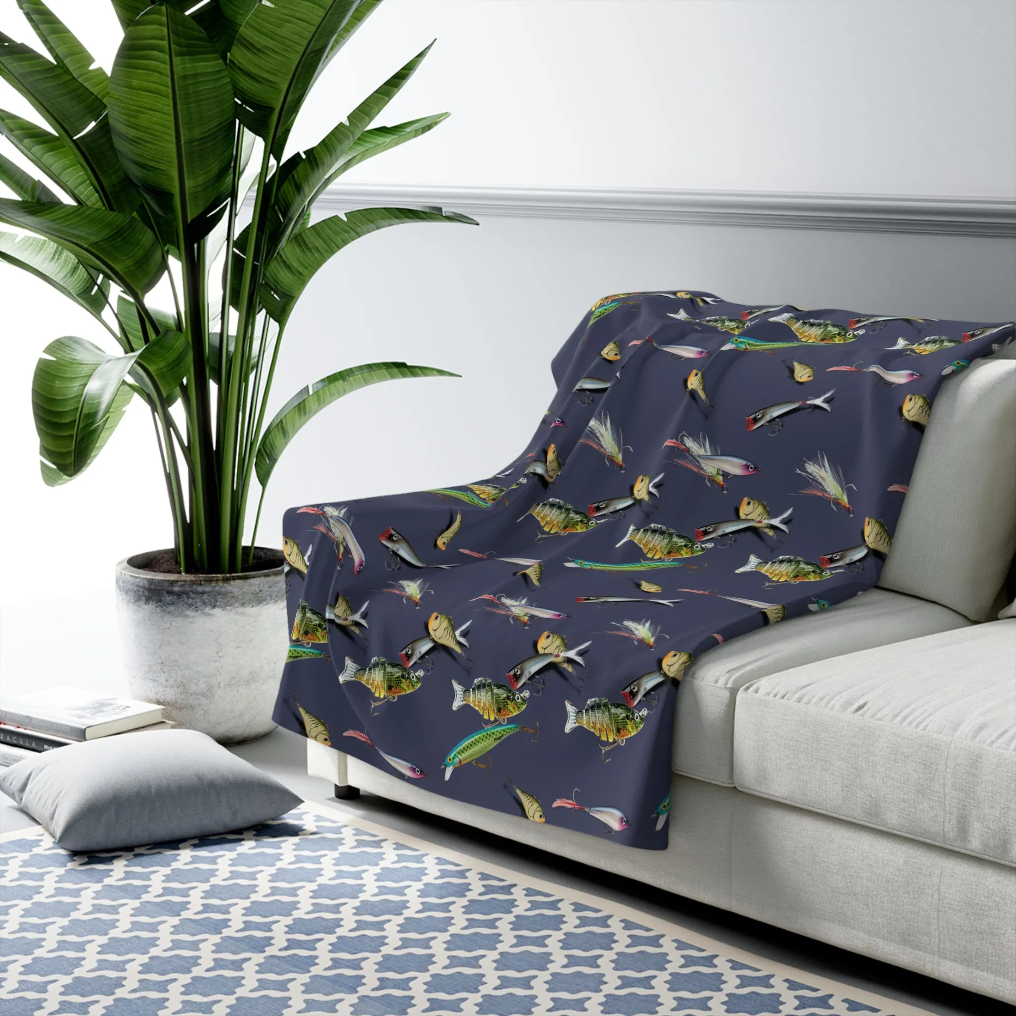 Fishing Lure Fish Print Sherpa Fleece Sofa Blanket - Saiko Studio