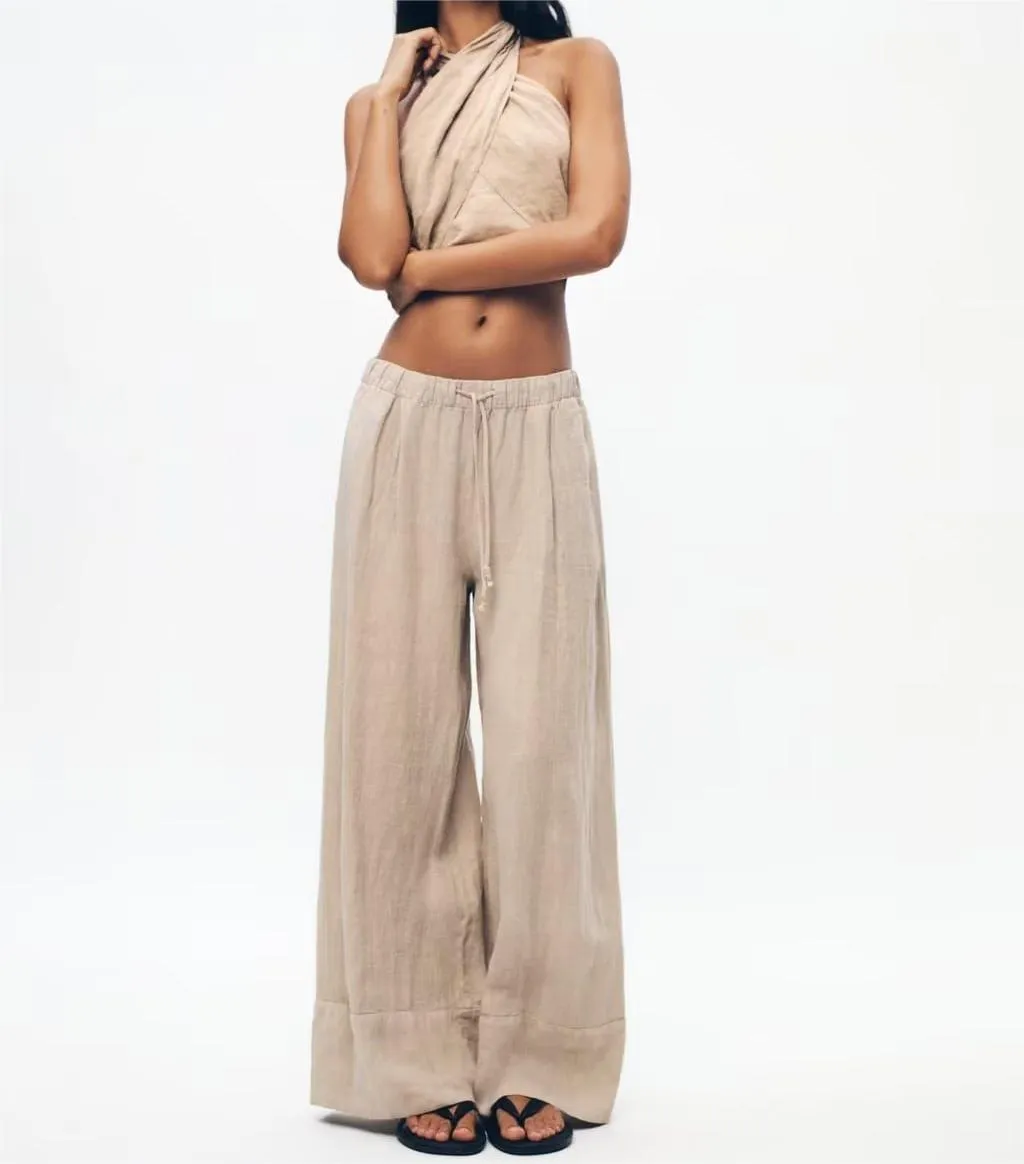 HOLLY - Linen Halter Top and Wide-Leg Pants Set