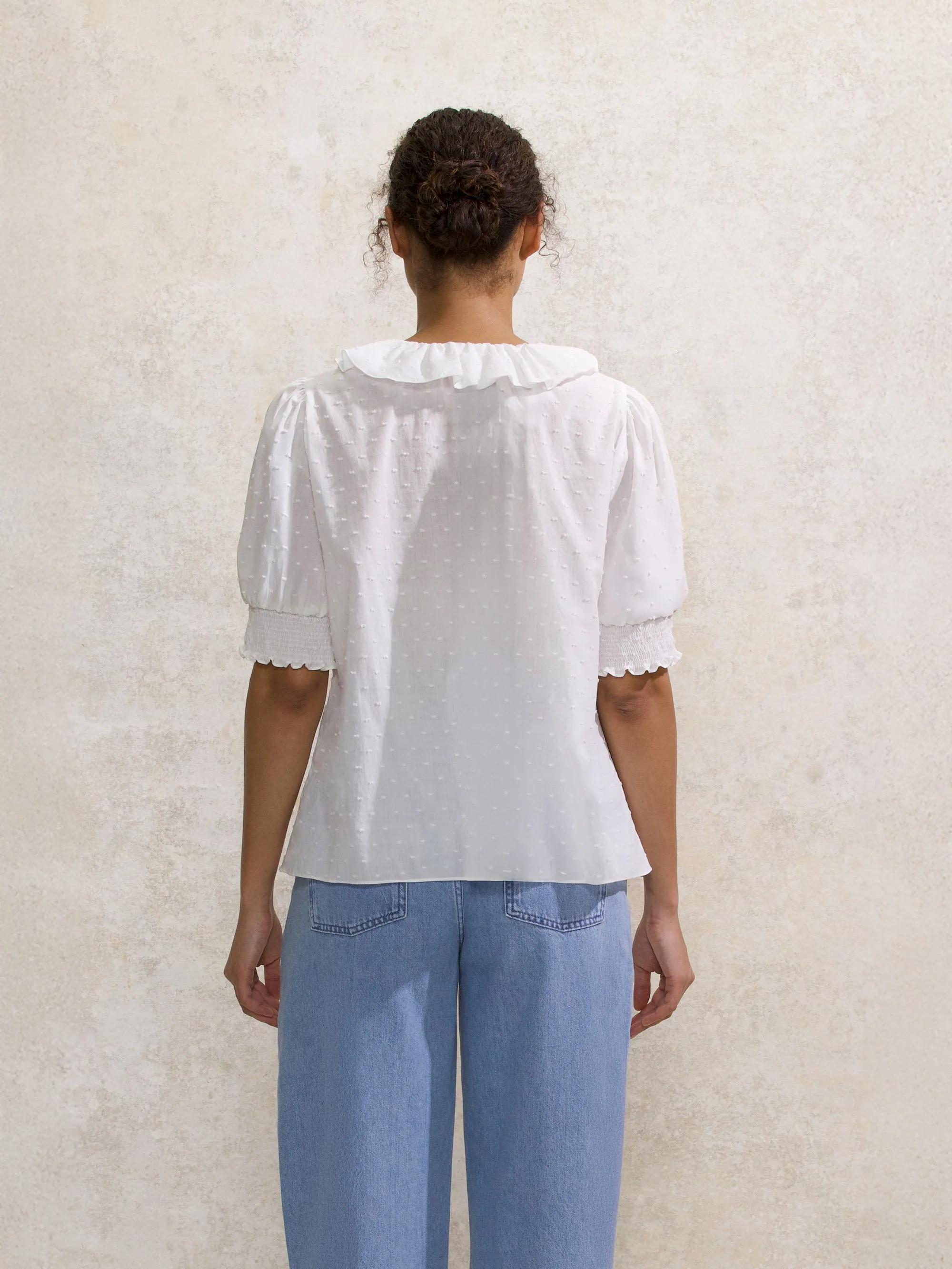 Ivory Dobby Ruffle-Front Blouse