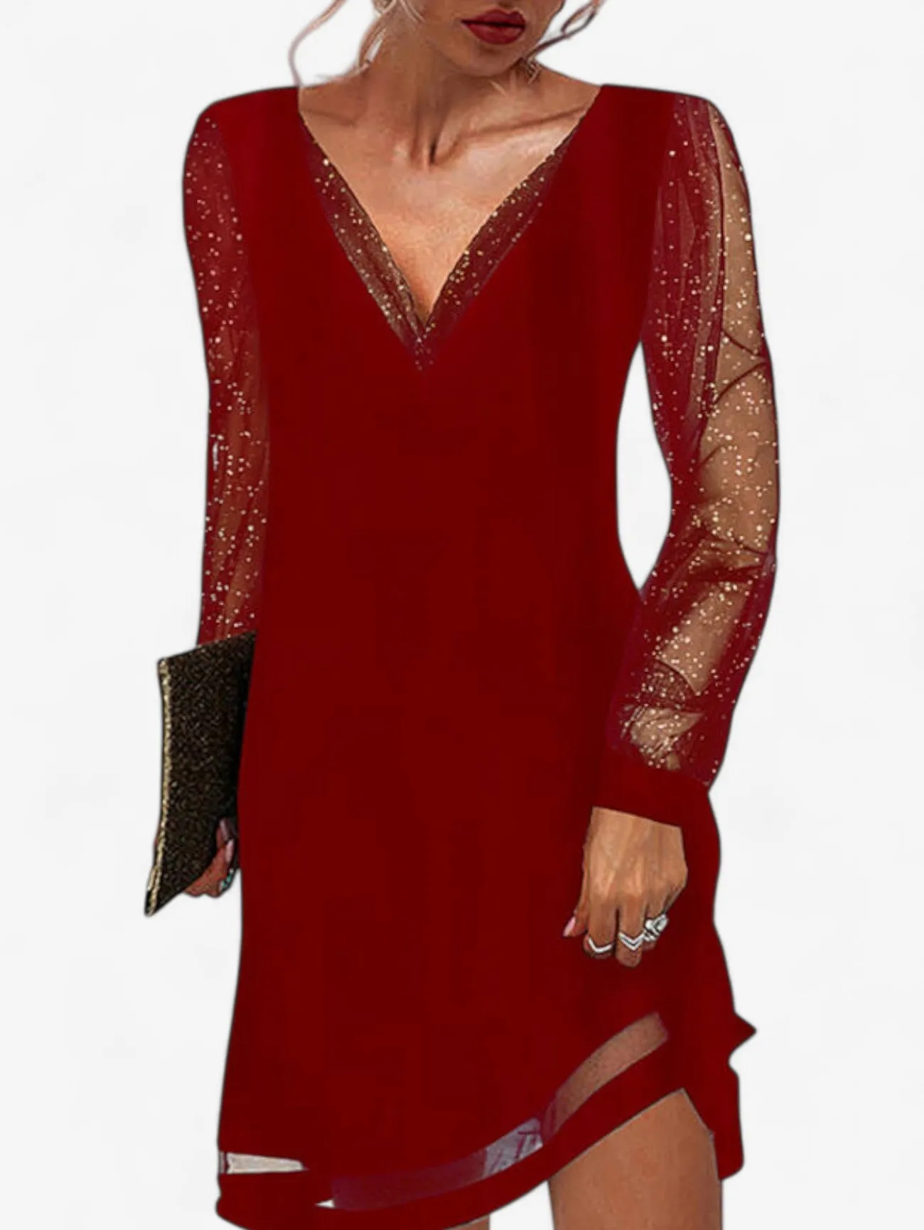 Jada | Women’s V Neck Glitter Evening Party Dress Long Sleeve