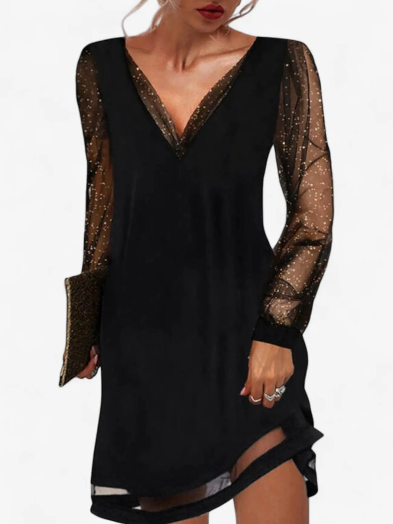 Jada | Women’s V Neck Glitter Evening Party Dress Long Sleeve