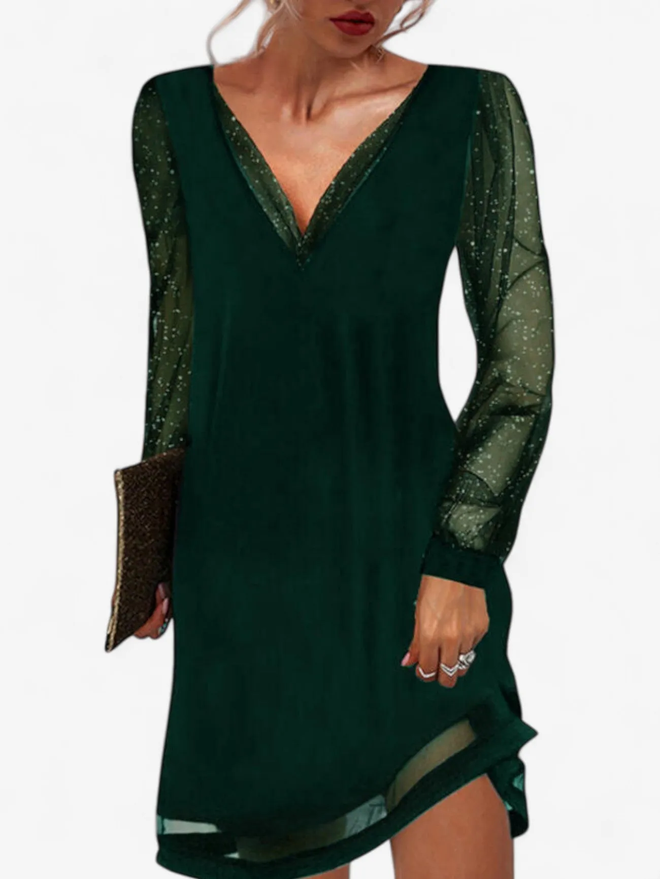 Jada | Women’s V Neck Glitter Evening Party Dress Long Sleeve