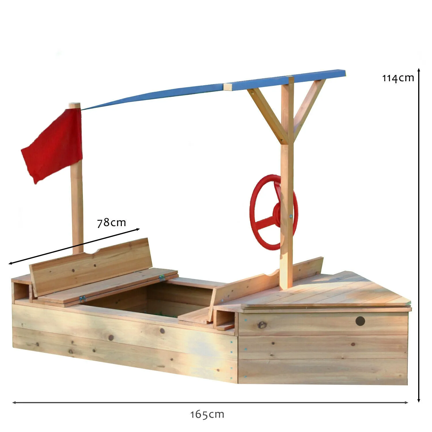 Kids Eco Conscious Fully Treated 100% Fir Wood 2-in-1 Pirate Ship Sandpit with Sun Canopy & Storage | 1.65m Long | All ages