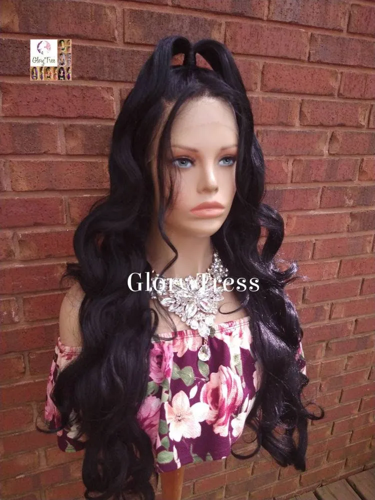 Lace Front Wig, Wavy Black Wig, Glory Tress, Pre-Styled Ponytail, Wedding Wig, Prom Wig, African American Wig // ANGELICA