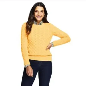 Lands' End Drifter Yellow Cable Knit Fisherman Midweight  Cotton Sweater Size XS