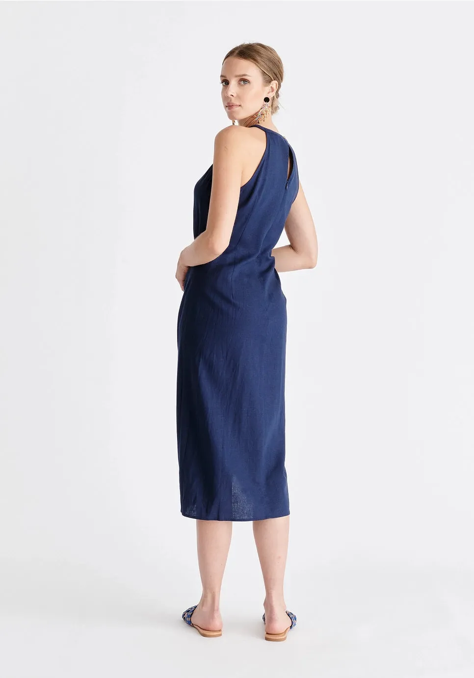 Linen Blend Waist Tie Dress - Navy