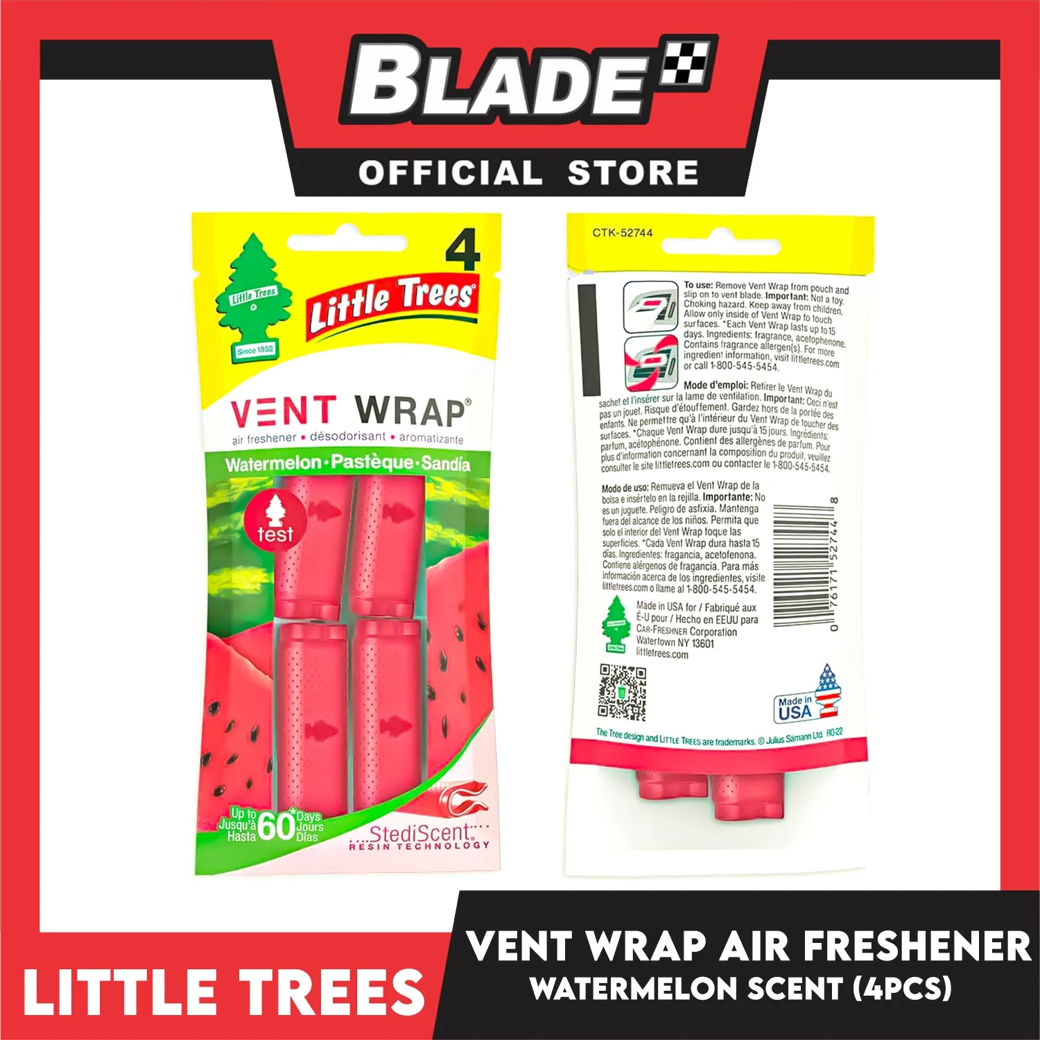 Little Tree Vent Wrap 4pcs (Watermelon) Provides Long-Lasting Scent, Slip On Vent Wrap Car Air Freshener
