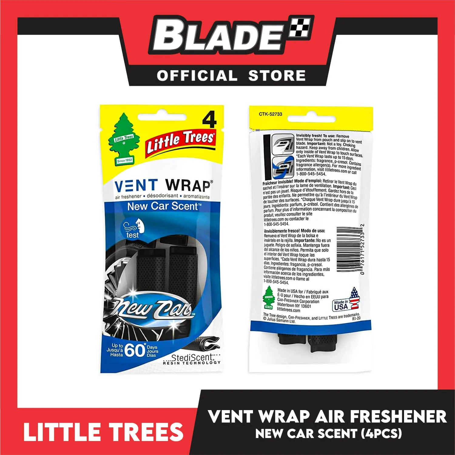 Little Trees Vent Wrap Air Freshener 4pcs (New Car Scent) Provides Long-Lasting Scent, Slip On Vent Wrap Car Air Freshener