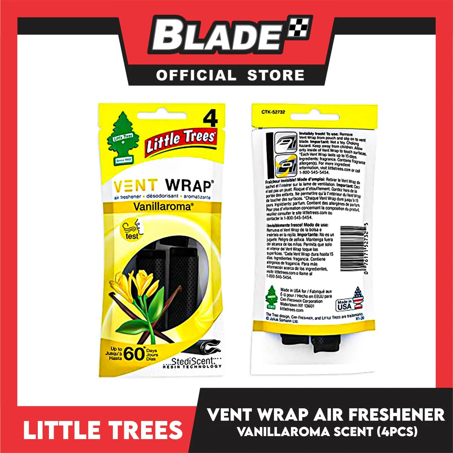 Little Trees Vent Wrap Air Freshener 4pcs (Vanillaroma) Provides Long-Lasting Scent, Slip On Vent Wrap Car Air Freshener