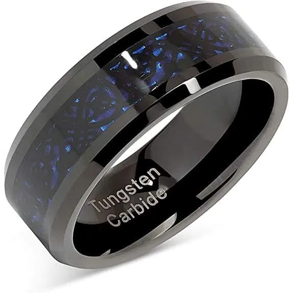 Malden Men's Black Tungsten Band Celtic Dragon Blue Carbon Fiber Inlay - 8mm