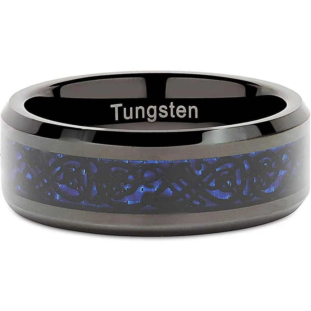 Malden Men's Black Tungsten Band Celtic Dragon Blue Carbon Fiber Inlay - 8mm