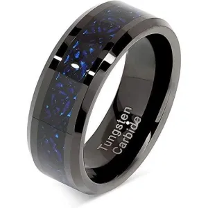 Malden Men's Black Tungsten Band Celtic Dragon Blue Carbon Fiber Inlay - 8mm