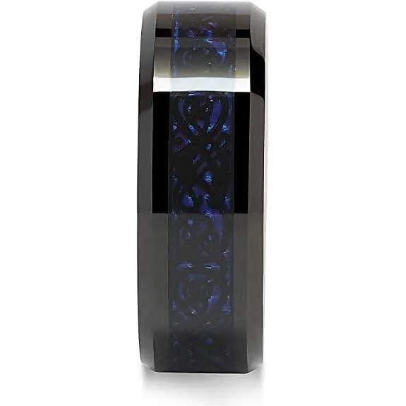 Malden Men's Black Tungsten Band Celtic Dragon Blue Carbon Fiber Inlay - 8mm