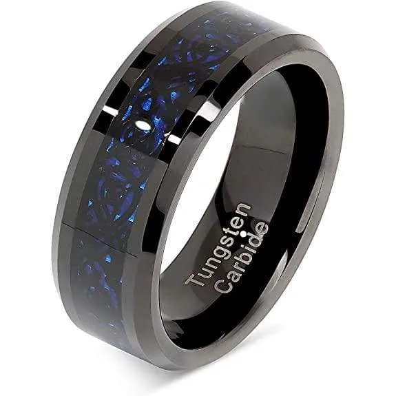 Malden Men's Black Tungsten Band Celtic Dragon Blue Carbon Fiber Inlay - 8mm