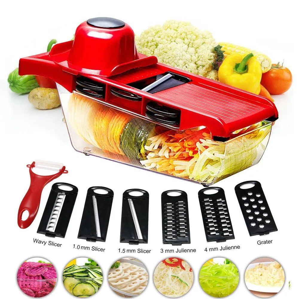 Mandoline Slicer, Vegetable Slicer Cutter, 6 Interchangeable Blades, Easy to Clean, Stainless Steel, Adjustable, Multi-blade,Comes with Peeler, Storage Container and Hand Protection,Red
